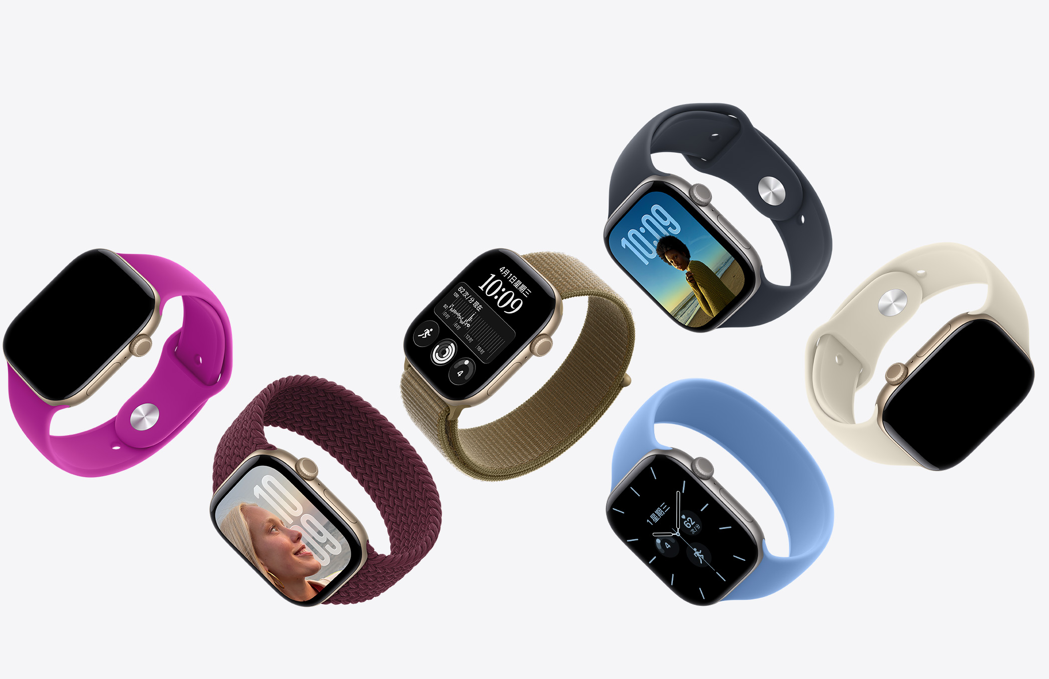 多只 Apple Watch 手表，展示各种表盘和表壳材质，搭配多款缤纷配色的表带。