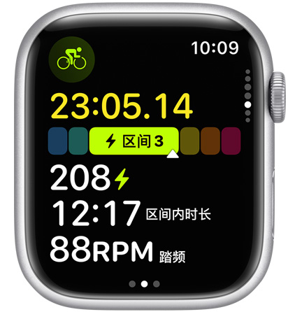 Apple Watch 表盘显示功率计，是功率区间体能训练视图的一部分。