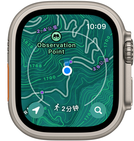 手表的正面图片，展示步道、等高线、海拔高度和景点。